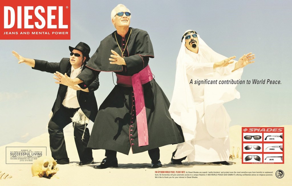 Publicité Diesel - Modern Living - Agence Paradiset - Suède - 1995 - A significant contribution to World Peace - Un juif, un catholique et un musulman dansent ensemble