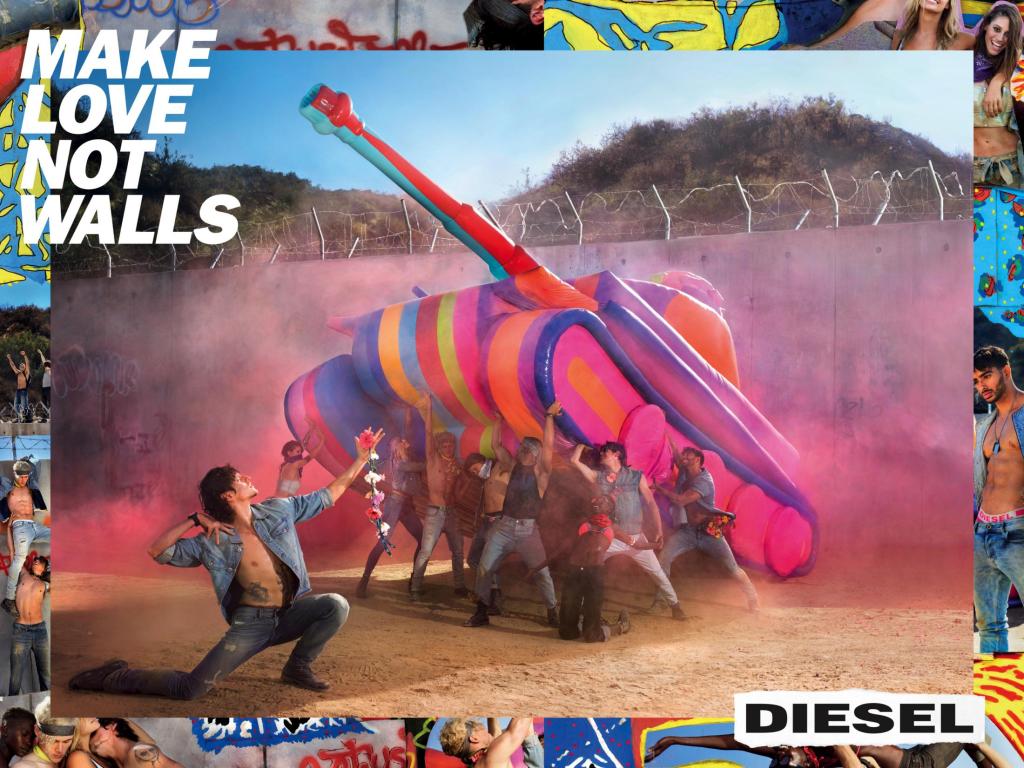 Publicité Diesel - Make love, not walls - Agence Anomaly - Pays-bas - 2017 - Ils soulèvent tous un char multicolore