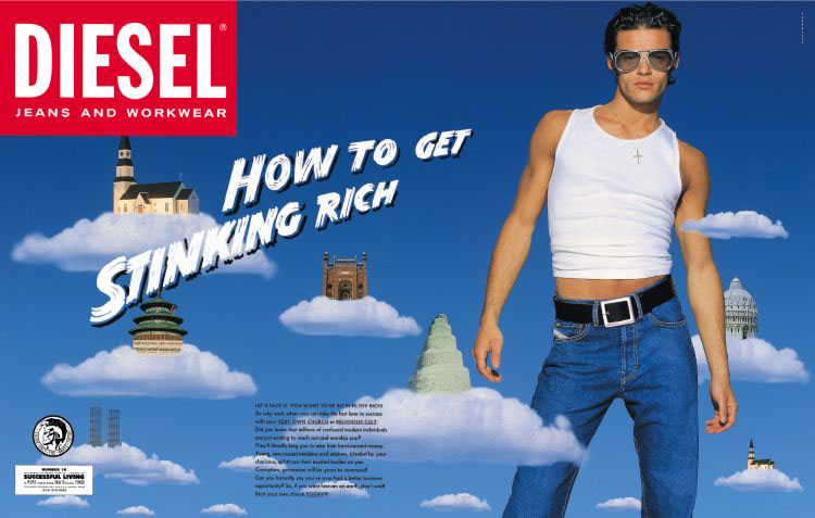 Publicité Diesel - Shortcuts in life - Agence Paradiset - Suède - 1992 - How to get stinking rich - Homme parmi des nuages d'où émergent monuments