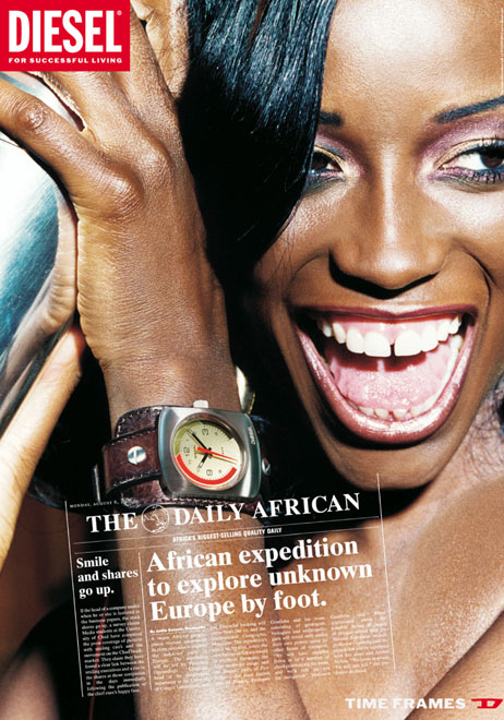 Publicité Diesel - Today's Africa — Agence DDB-Paradiset - Suède - 2000 - African expedition to explore unknown Europe by foot - Femme en gros plan avec un beau sourire