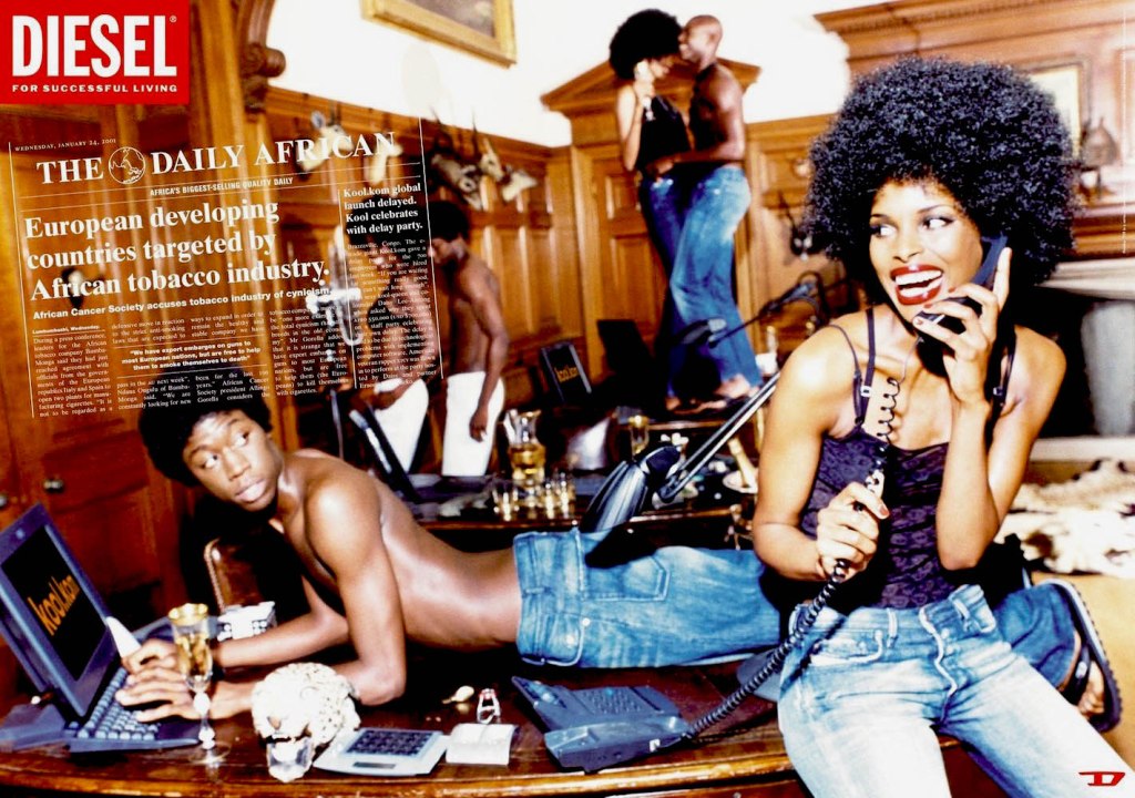Publicité Diesel - Today's Africa — Agence DDB-Paradiset - Suède - 2000 - European developing countries targeted by African Tobacco industry - Homme sur son ordinateur et une femme au téléphone 