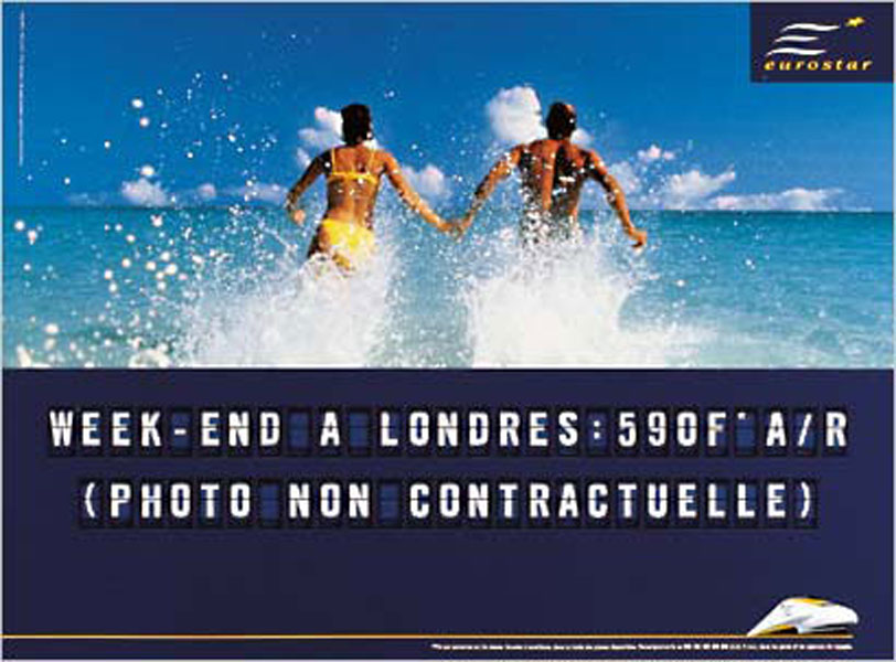 Publicité Eurostar - Agence Young&Rubicam - 2000 - Week-end à Londres : 590 F A/R — Photo non contractuelle - Couple court dans la mer
