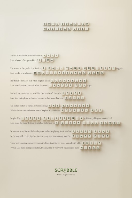 Publicité Scrabble - Anagrammes - Agence LOLA Mullen Lowe - Espagne - 2015 - Texte composé d'anagrammes - Cute Dualism - Musical Duet