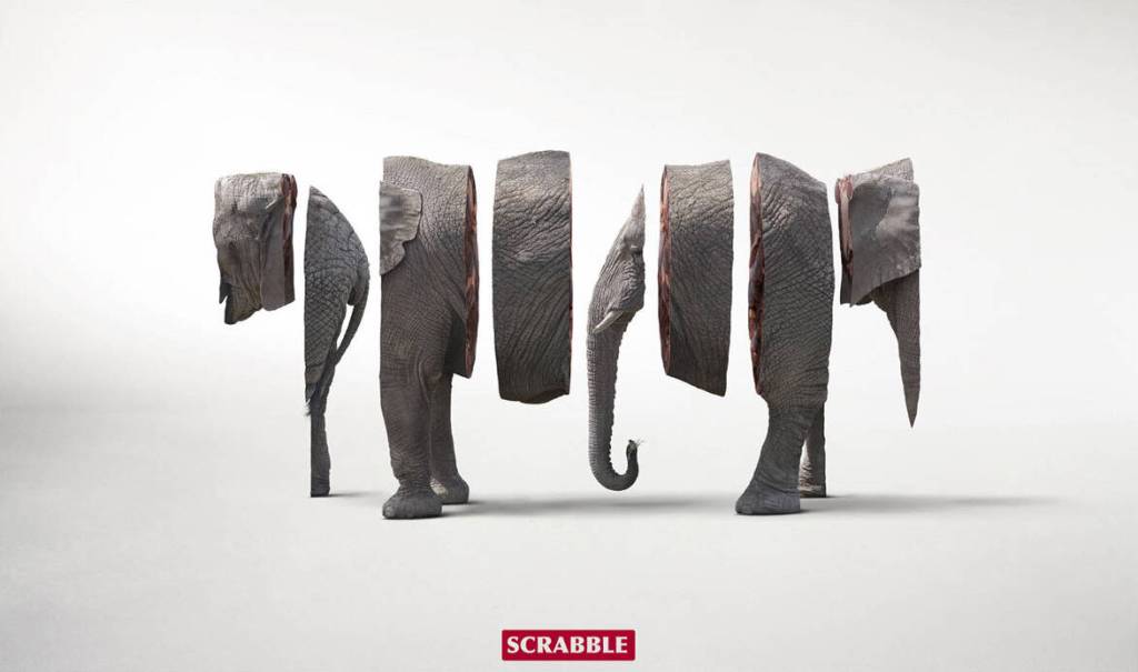 Publicité Scrabble - Mélangés - Agence JWT - Chili - 2008 - Eléphant - 8 parties