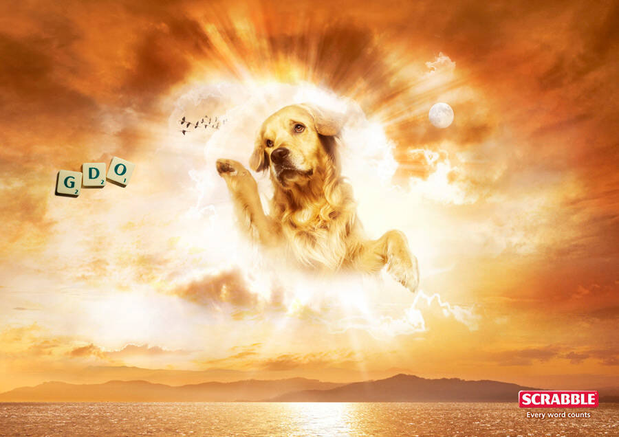 Publicité Scrabble - Mots possibles - Agence Ogilvy - Hongrie - 2007 - GDO - Dog - God - Chien dans le ciel