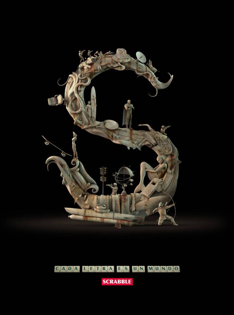 Publicité Scrabble — Chaque lettre est un monde — Lettres sculptées — Agence DDB - Chili - 2011 - S