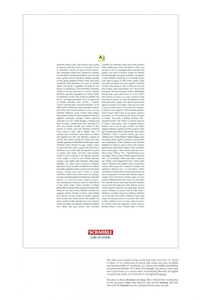 Publicité Scrabble — Lots of Words - Texte composé avec une seule voyelle — Agence Ogilvy - Mexique - 2008 - A