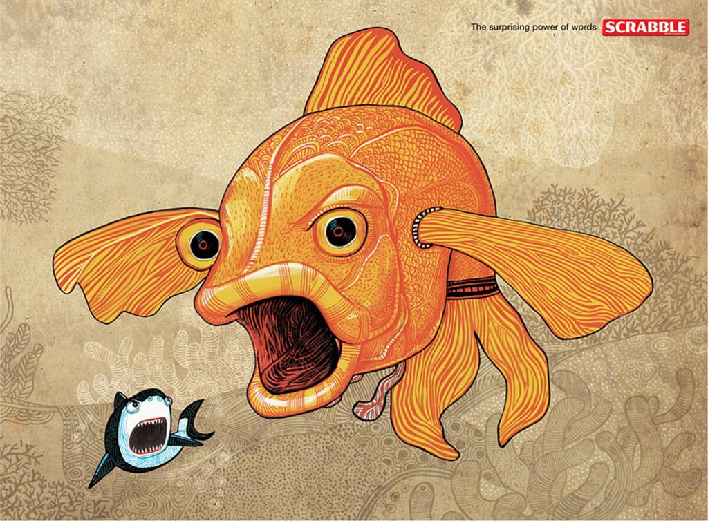 Publicité Scrabble - The surprising power of words - Agence Ogilvy & Mather - Inde - Goldfish l'emporte sur Shark