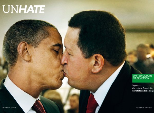 Publicité Benetton - Unhate - Supports the Unhate Fundation - La Fabrica - 2011 - Obama et Chavez s'embrassent
