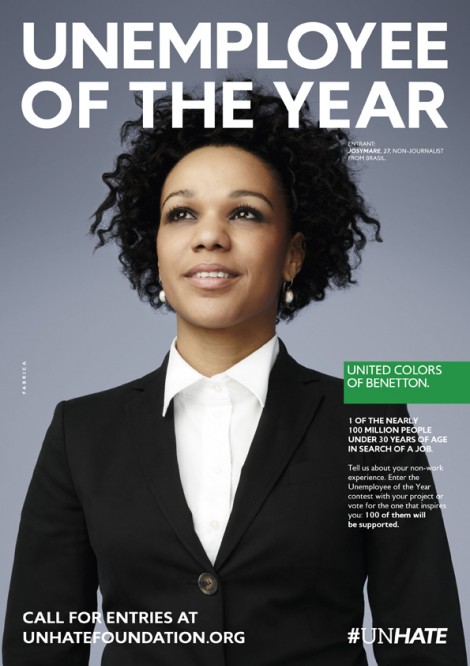 Publicité Benetton - Unemployee ot the year - La Fabrica - 2012 - Une femme en tailleur noir - Josymare 27 Brazil- 1 of the nearly 100 million people under 30 years of age in search of a job - #unhate 
