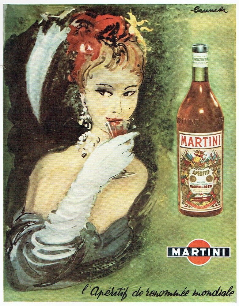 Publicité Martini - 1953 - Femme élégante buvant un verre - Illustration Brunetta