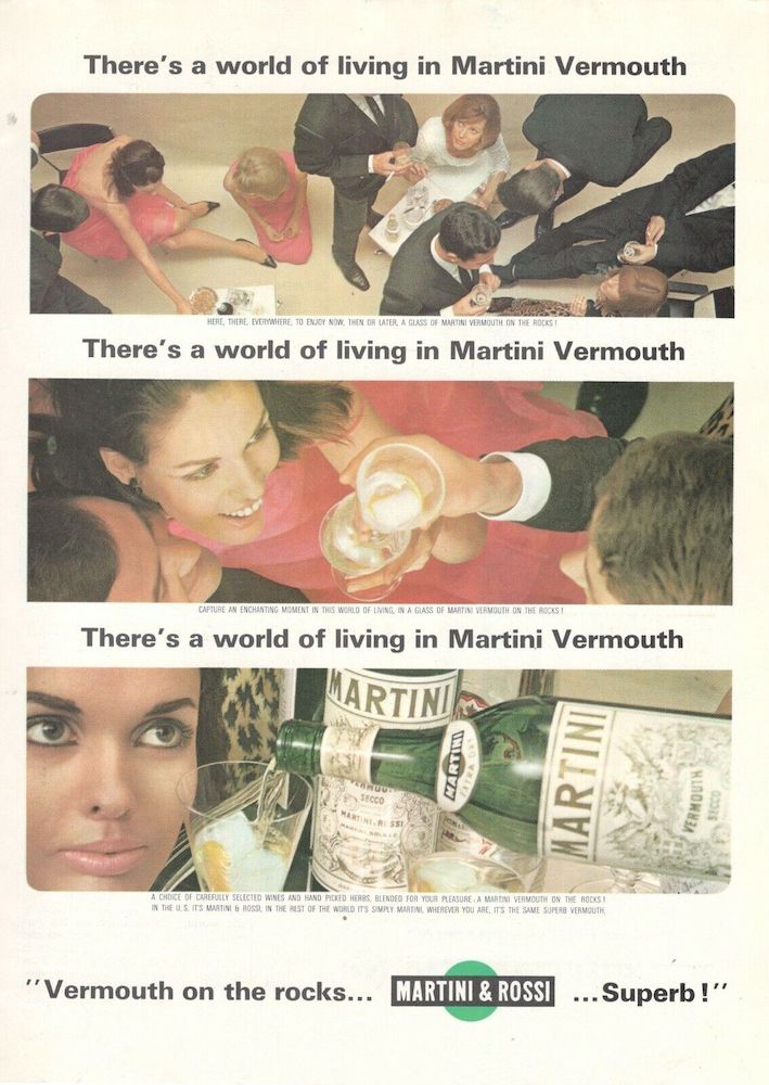 Publicité Martini - Publicité découpée en 3 visuels - Ambiance cocktail de travail - There's a world of living in Martini Vermouth - 1965