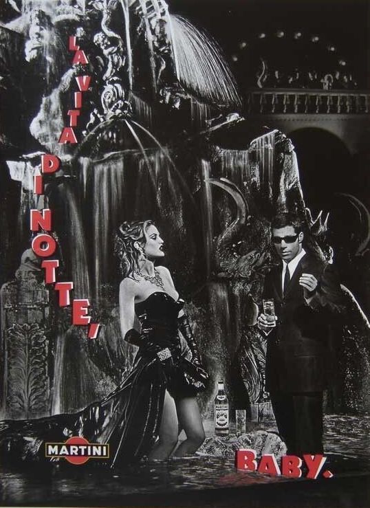 Publicité Martini - Homme élégant et femme dans une fontaine - Référence Dolce Vita - La Vita di notte, baby - noir et blanc