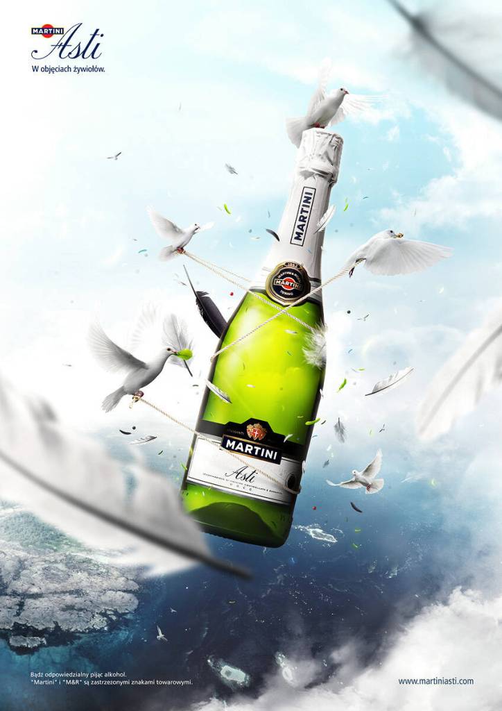 Publicité Martini - Eléments - Asti - Air - Colombes transportant la bouteille - Ars Thanea - Pologne - 2008