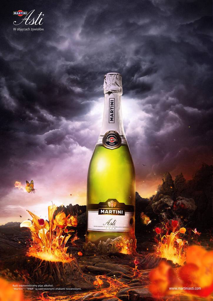 Publicité Martini - Eléments - Asti - Feu - Bouteille dans un décor volcanique - Ars Thanea - Pologne - 2008