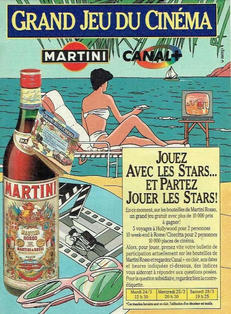 Publicité Martini - Grand jeu du cinéma - Collaboration Canal+ - Jouez avec les stars... et partez jouer les stars - 1987
