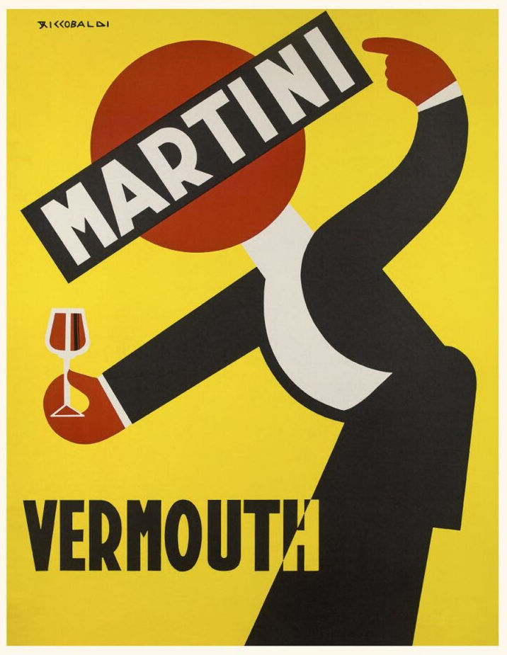 Publicité Martini - Illustration Riccobaldi - Le logo forme la tête d'un personnage avec un verre de Martini à la main.