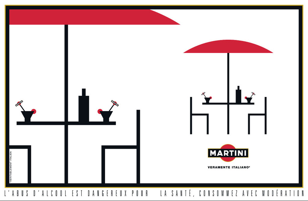 Publicité Martini - Veramente Italiano - Minimaliste - Bichromie - Rouge et Noir - Parasols - Terrasse - Agence Mc Cann - 2005