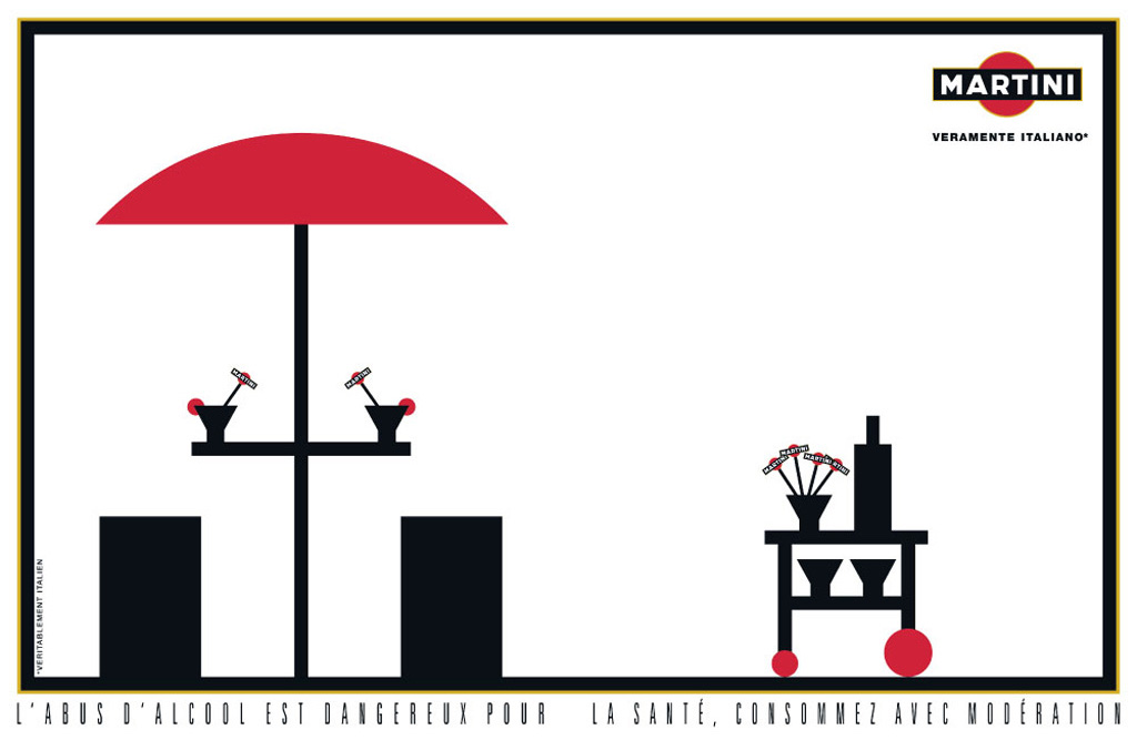 Publicité Martini - Veramente Italiano - Minimaliste - Bichromie - Rouge et Noir - Parasol - chariot - Agence Mc Cann - 2005