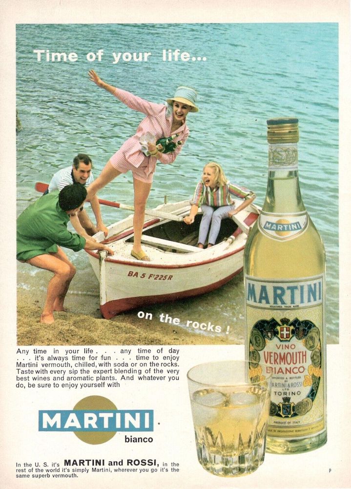 Publicité Martini - Time of your life - Martini Bianco - Sortie en barque entre amis - Années 60