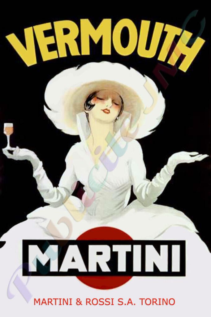 Publicité Martini - Ancienne affiche - Femme élégante en blanc avec un verre à la main - Vermouth en guise d'accroche