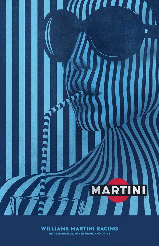 Publicité Martini - Williams Martini Racing - Retour de la marque en course automobile - Campagne graphique - Femme avec lunettes de soleil et une paille à la bouche - Agence &Rosas - Espagne - 2015