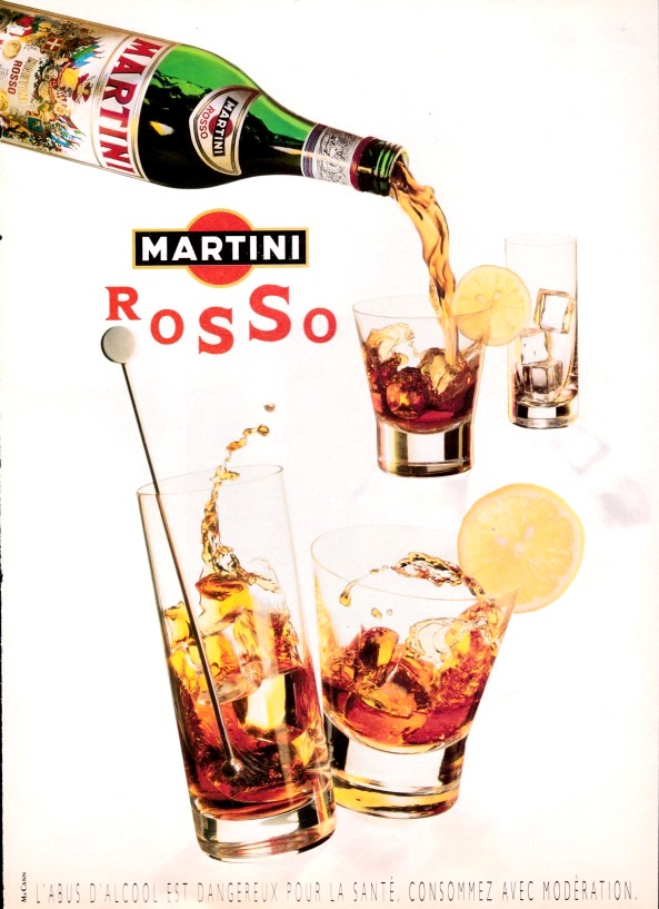 Publicité Martini - Martini Rosso - Bouteille versant la boisson - 3 verres remplis - 2 verres en mouvement - Agence Mc Cann - 1994