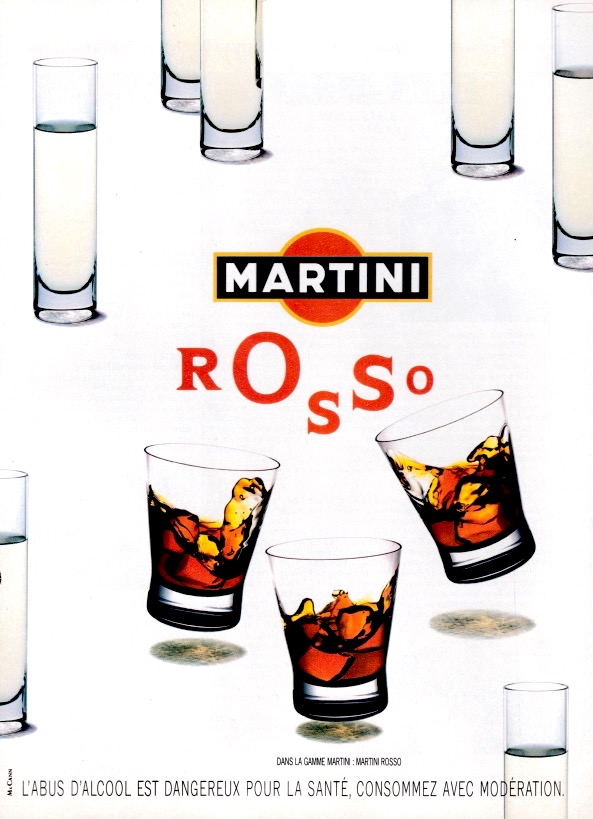 Publicité Martini - Martini Rosso - 3 petits verres de Martini dansant au milieu d'autres verres - Agence Mc Cann - 1994