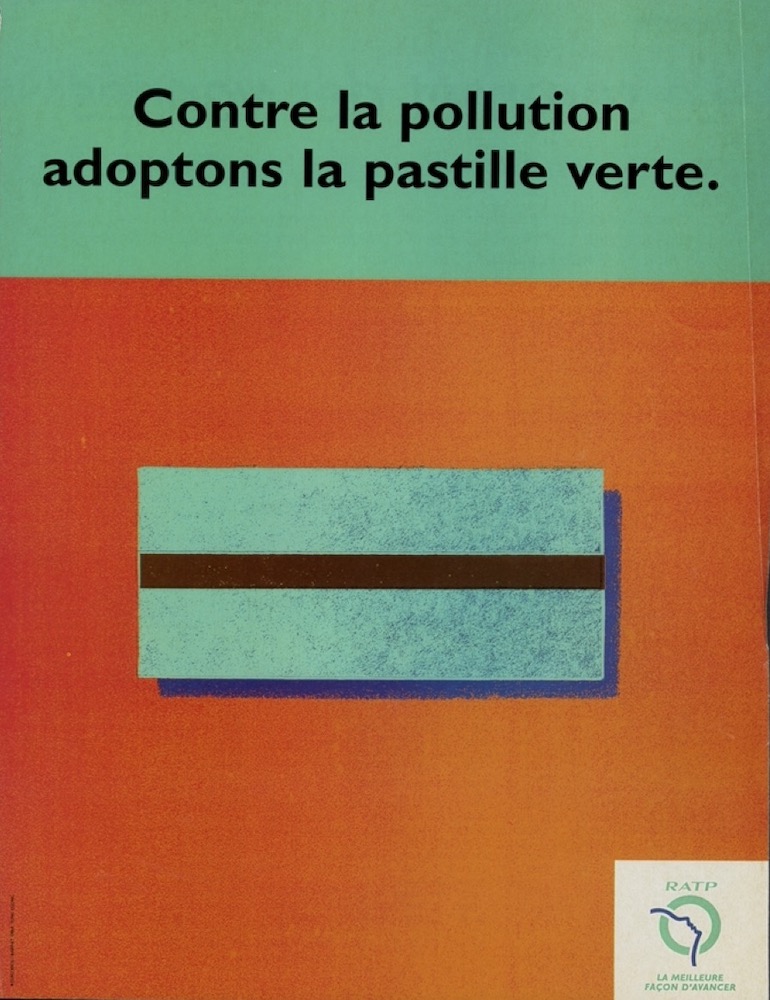 Campagne RATP - La meilleure façon d'avancer - Ticket sur fond orange - Contre la pollution, adoptons la pastille