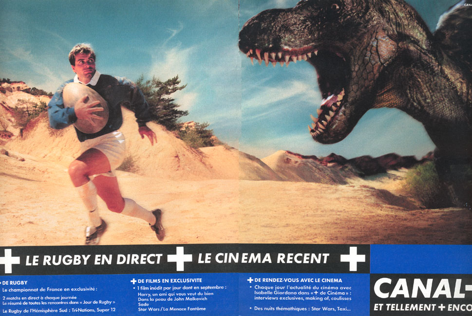Publicité Canal+ - Et tellement plus encore - Rugby en direct + Cinéma récent - Rugbyman avec oeuf poursuivi par un dinosaure - Euro RSCG - 2000