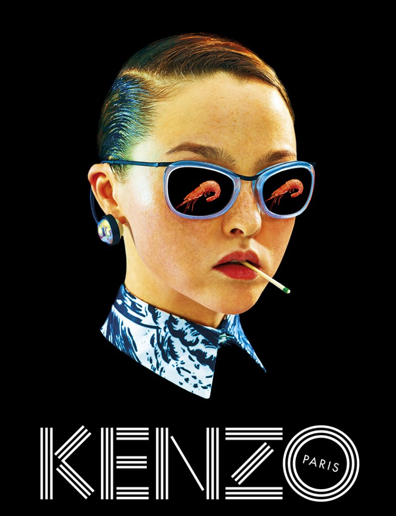 Publicité Kenzo - Collection Printemps-Été 2014 - Art contemporain - Femme avec lunettes de soleil - Reflet d'une crevette