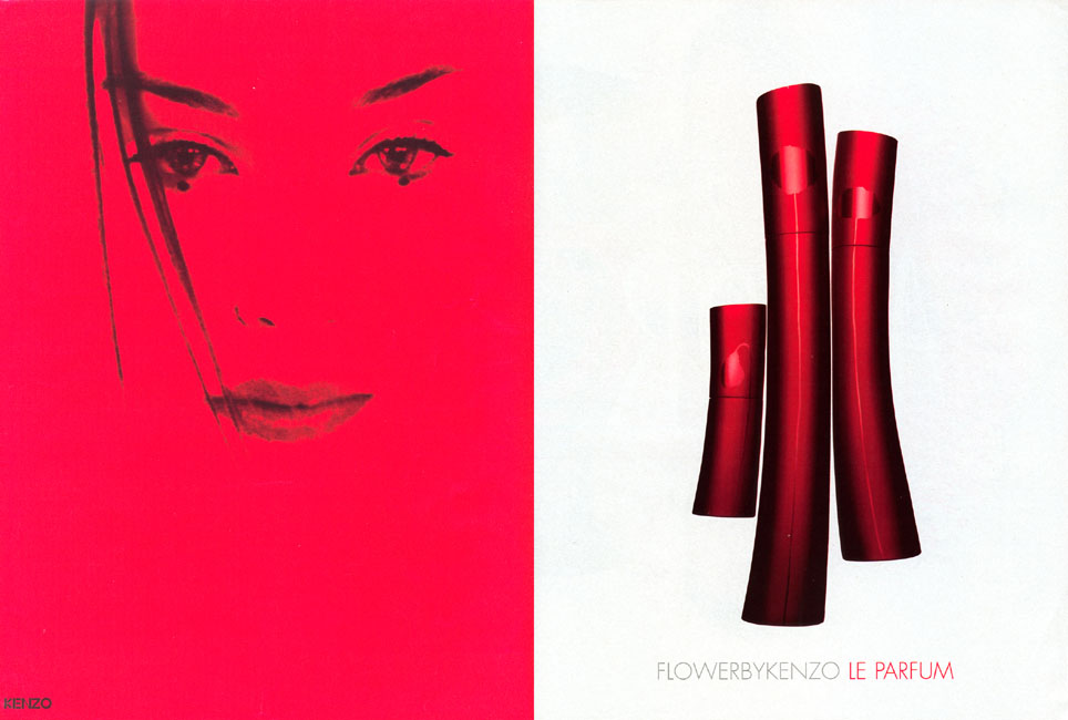 Publicité Kenzo - Flower by Kenzo - Parfum - Femme au trait noir sur fond rouge - Packaging rouge - Page Double - 2009