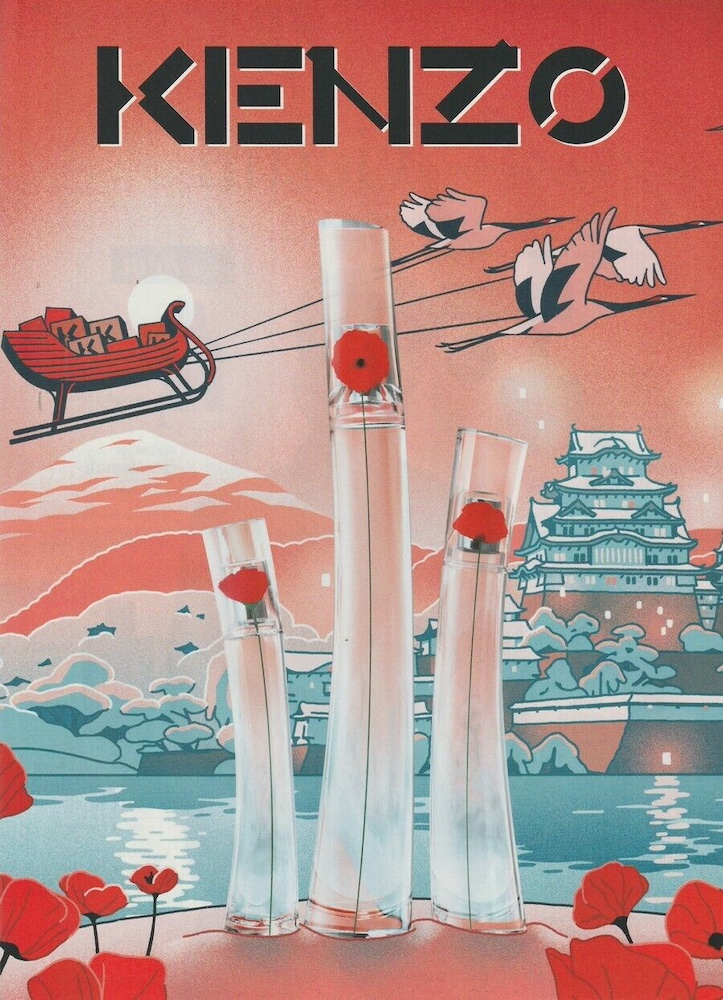 Publicité Kenzo -  Flower by Kenzo - Noël - Traineau tiré par des échassiers - Illustrations - Paysage japonais