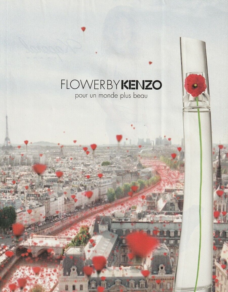 Publicité Kenzo -  Flower by Kenzo - Pour un monde plus beau - Pluie de coquelicots sur Paris - Packaging sur la droite - 2015