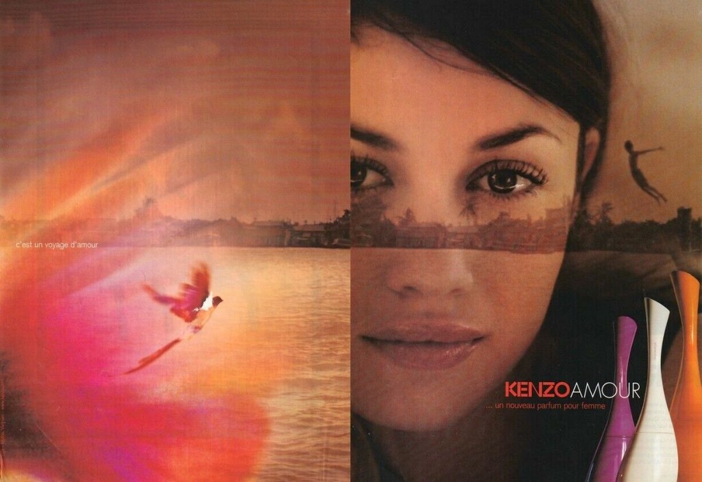 Publicité Kenzo - Kenzo Amour - Un nouveau parfum pour femme - Visage féminin - Images en surimpression - Faisan - Homme plongeant - Double page
