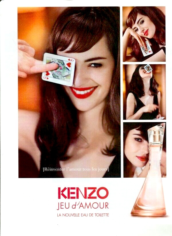 Publicité Kenzo - Jeu d'amour - Meddley de photos de Louise Bourgoin qui joue avec une dame de cœur.