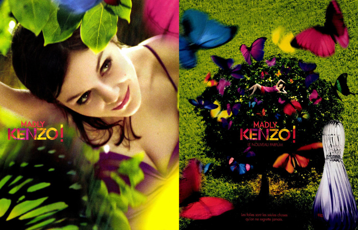 Publicité Kenzo - Parfum Madly - Gauche : Femme au milieu de feuilles - Droite : Femme couchée dans un arbre avec papillons au-dessus d'elle - 2011 - Double page