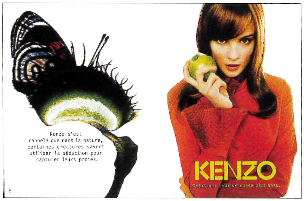 Publicité Kenzo - Créations pour un monde plus beau - Papillon et plante carnivore - Femme en veste rouge et pomme à la main - Agence Nomad - 1996