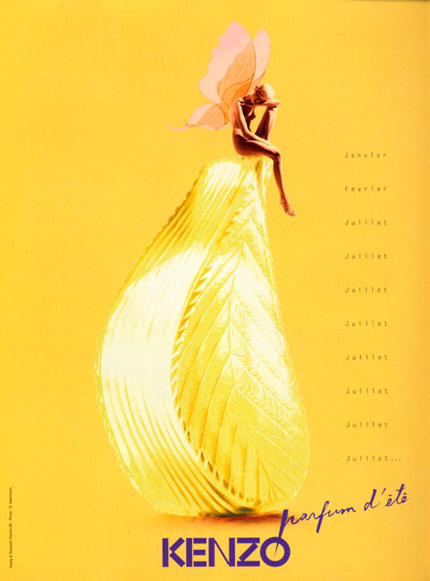 Publicité Kenzo - Parfum d'été - Femme papillon assise sur la bouteille - Young & Rubicam - 1996