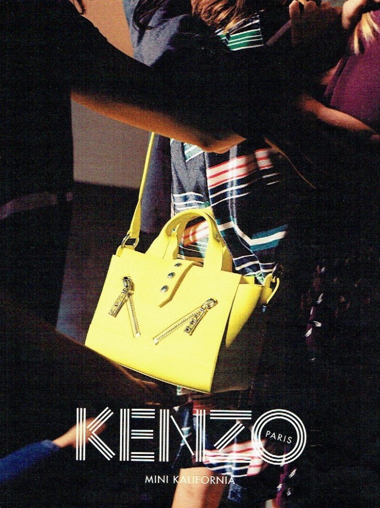 Publicité Kenzo - Sac mini Kalifornia - Femme habillée en sombre portant un sac jaune - 2015 