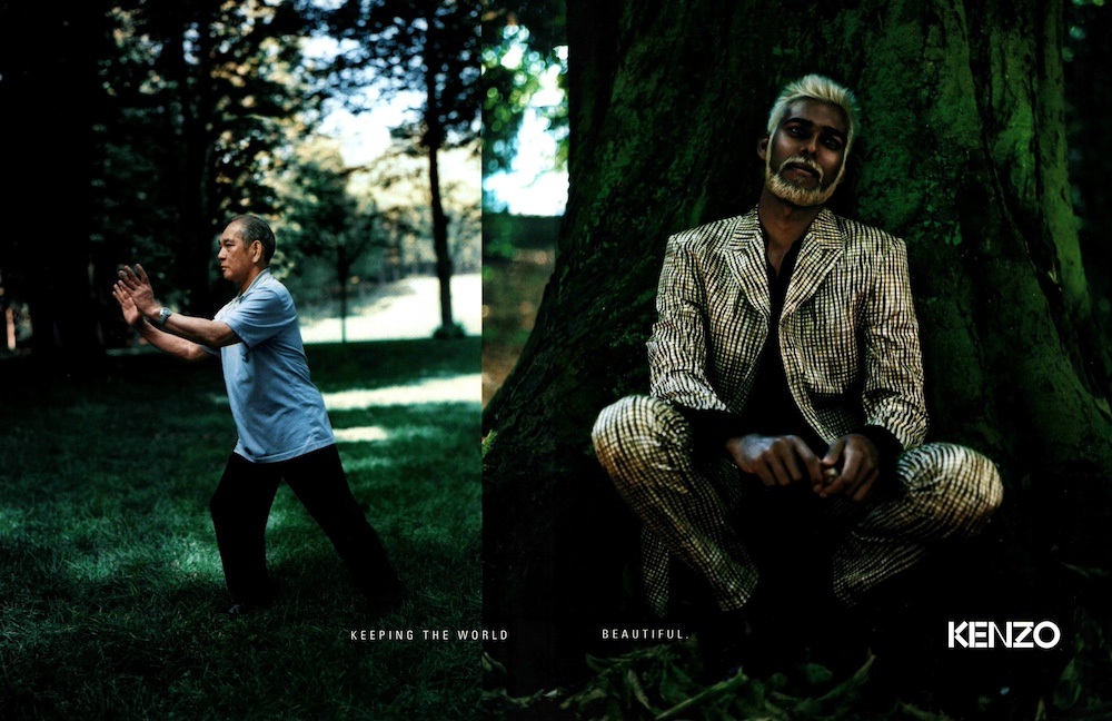 Publicité Kenzo - Pour que le monde reste beau - Prêt à porter 1998 - Homme en costume devant un arbre - Homme fait des figures de Taï Chi - Version anglaise