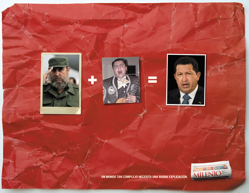 Publicité Milenio - journal - Mexique - un monde si complexe nécessite une bonne explication - Fidel Castro + Chanteur mariachi = Hugo Chavez - Agence Olabuenaga Chemistri - Mexique - 2006