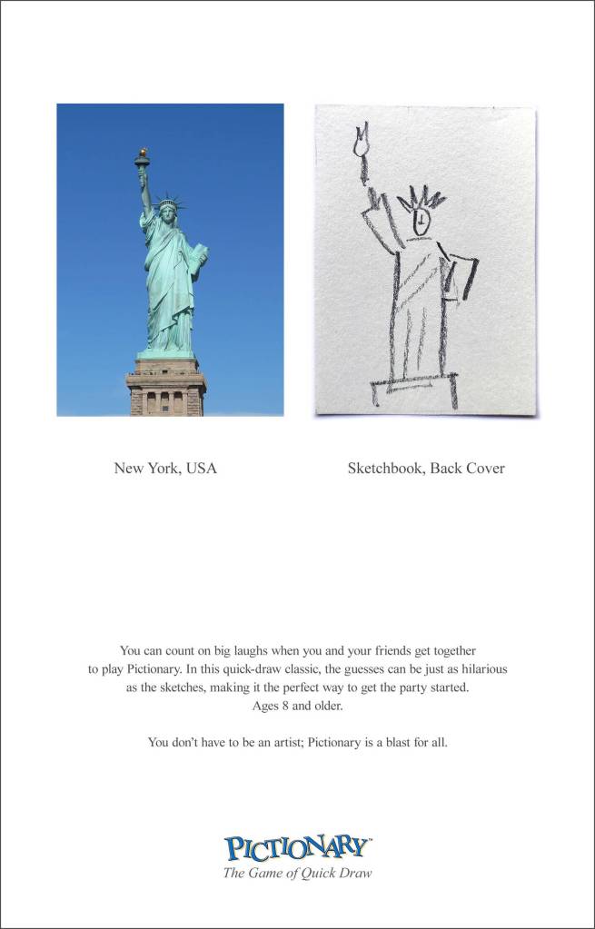 Publicité Pictionary - The game of quick draw - Statue de la liberté - New York, USA - Sketchbook, Back cover - Institute of applied art - 2021  
