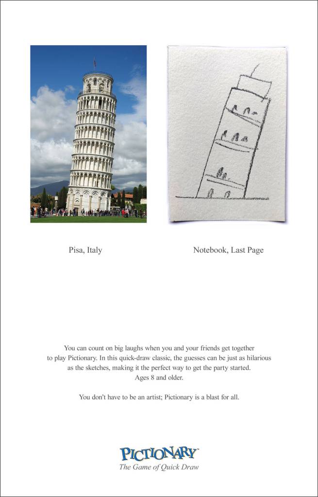 Publicité Pictionary - The game of quick draw - Tour de Pise - Notebook, Last page - Institute of applied art - 2021  