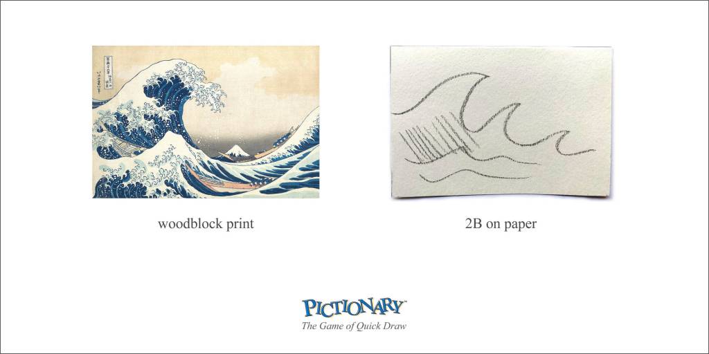 Publicité Pictionary - The game of quick draw - La vague -  Hokusaï - Woodblock print - 2B on paper -   Institute of applied art - 2021  