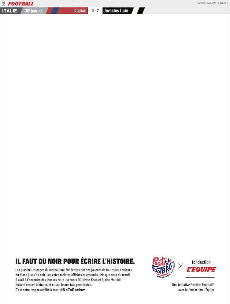Publicité l'Équipe - Fondaction l'Équipe X Positive Football - Il faut du noir pour écrire l'histoire - Cagliari 0-2 Juventus - #NoRacism - DDB 