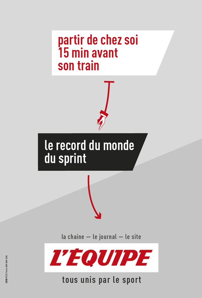 Publicité l'Équipe - Tous unis par le sport - Partir de chez soi 15 min avant son train - Le record du monde du sprint - DDB - 2018 - Affiche gare