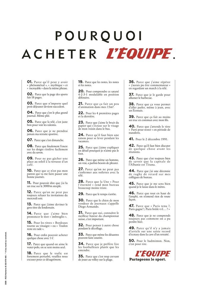 Publicité l'Équipe - 50 raisons d'acheter l'Équipe - Pourquoi acheter l'Équipe - Partageons le sport - DDB - 2011 