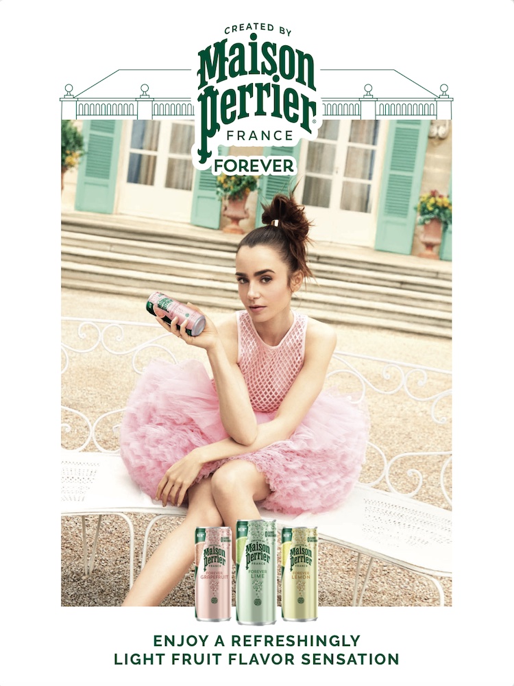 Campagne Perrier - Maison Perrier - Lily Collins en robe rose - Enjoy a refreshing light fruit flavor sensation - Ogilvy Paris - Avril 2024