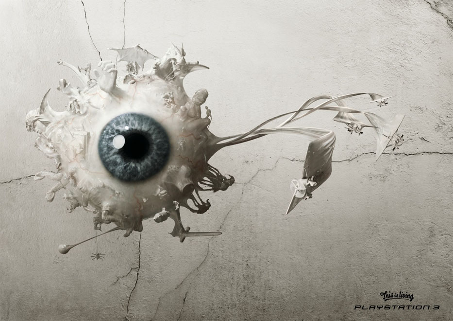 Publicité Playstation - PS3 - This is living - Oeil avec des jets de peinture blanche - Agence  TBWA - Belgique - 2007